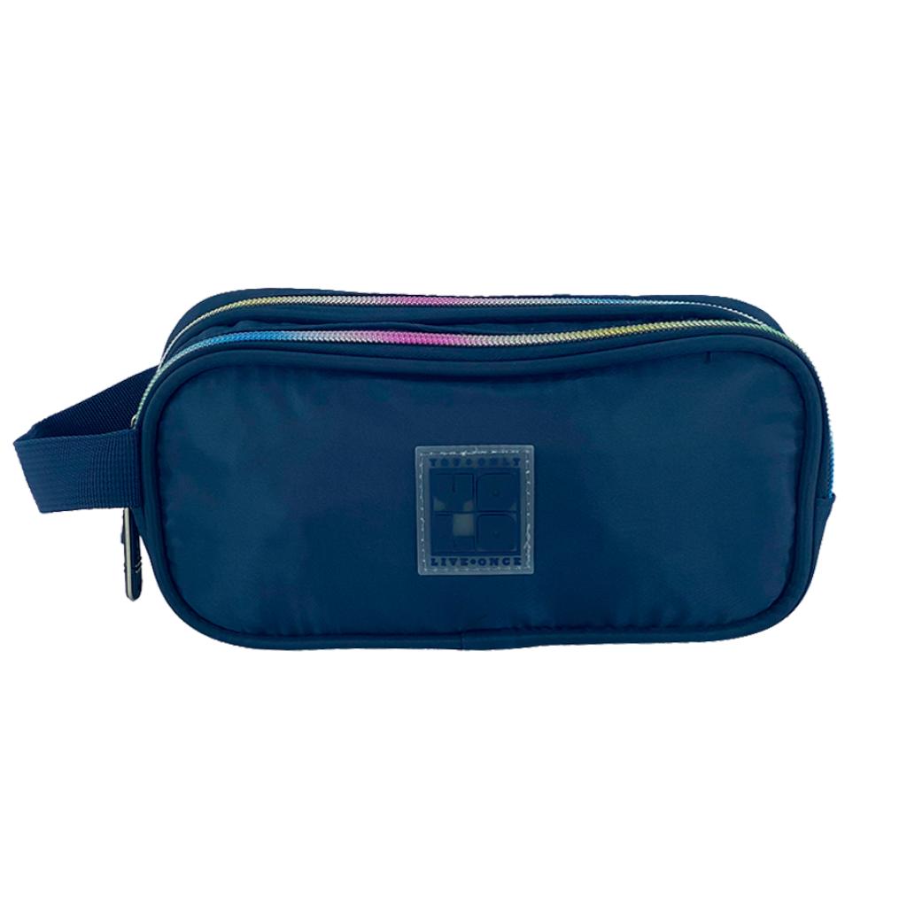 CARTUCHERA AZUL OSCURO CON ZIPPER DE COLORES