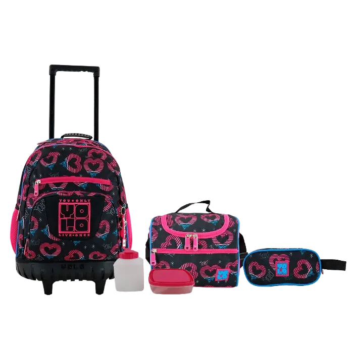 SET DE MOCHILA CON RUEDA, LONCHERA Y CARTUCHERA (corazones)